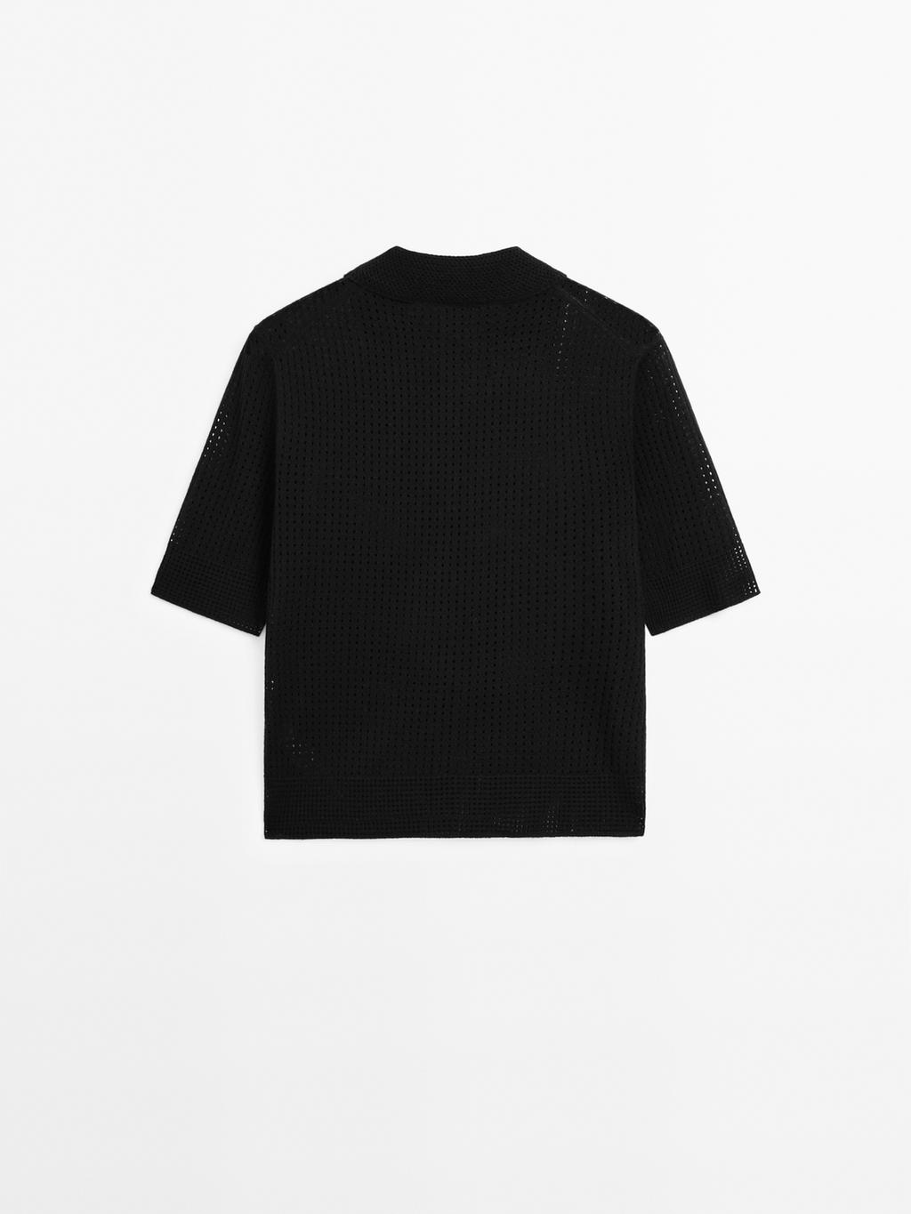 Open knit sweater with polo collar