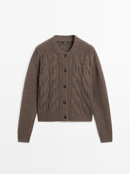 Wool blend cable-knit cardigan