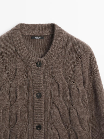 Wool blend cable-knit cardigan