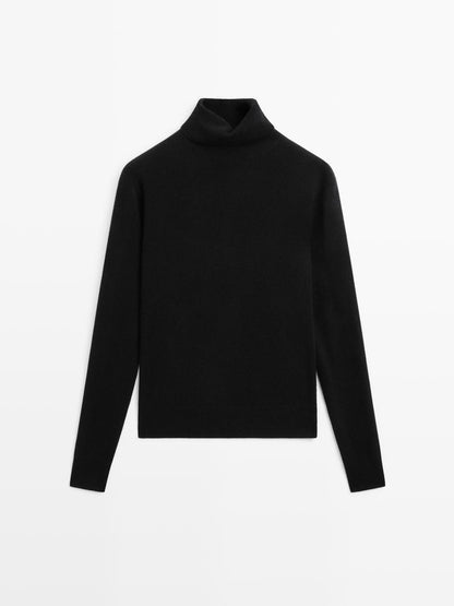 Wool blend knit sweater with high neck