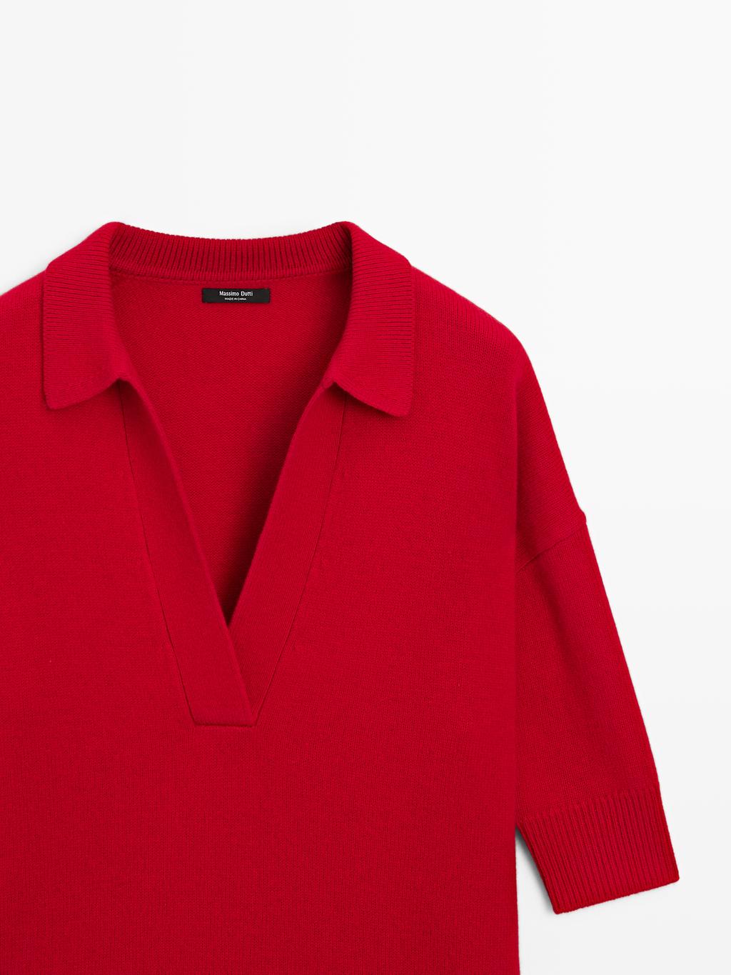 Wool blend knit V-neck polo shirt