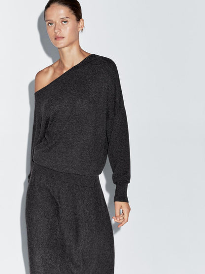 Wool blend knit sweater with asymmetric neckline