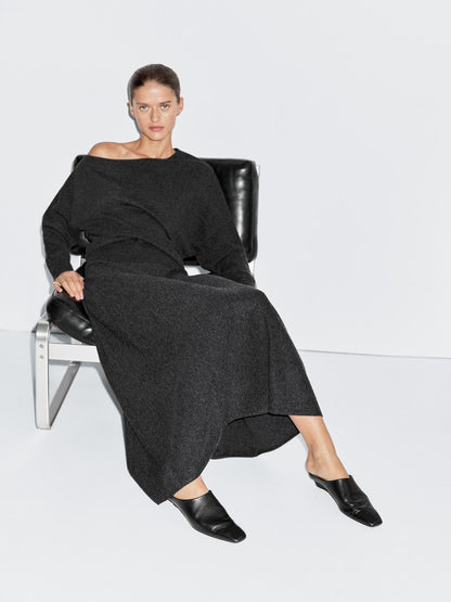 Wool blend knit sweater with asymmetric neckline