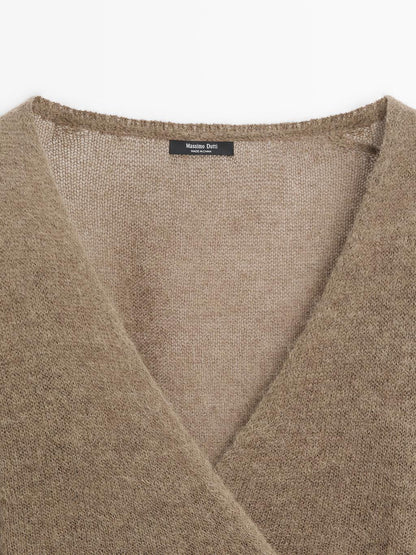 Alpaca blend crossover knit cardigan with tie