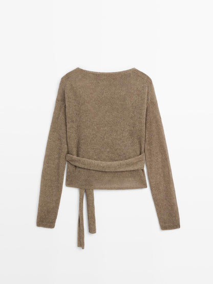 Alpaca blend crossover knit cardigan with tie