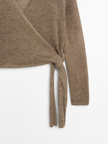 Alpaca blend crossover knit cardigan with tie