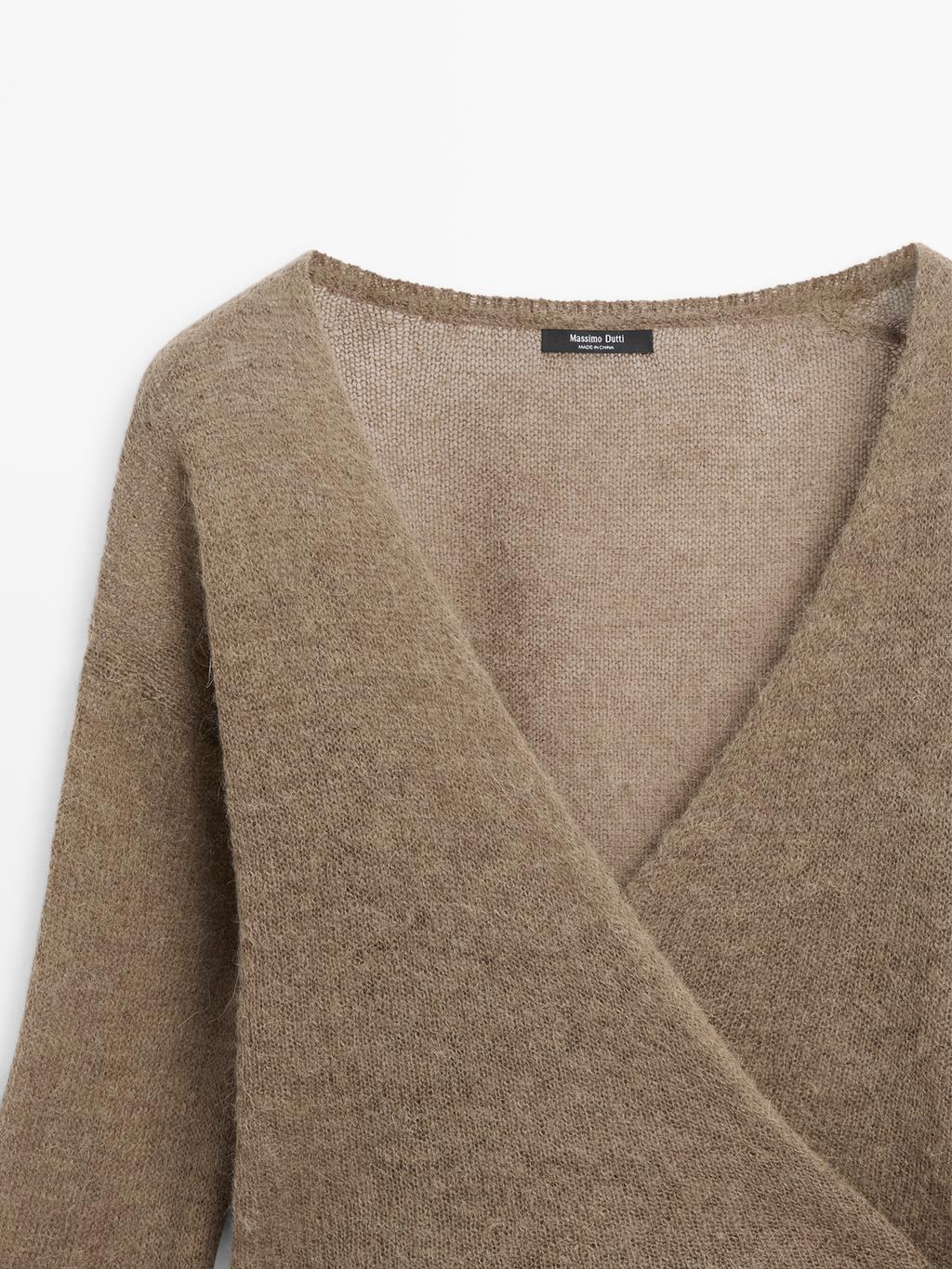 Alpaca blend crossover knit cardigan with tie