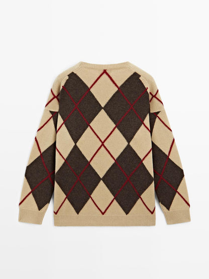 Knit wool blend sweater with argyle detail