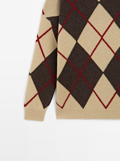 Knit wool blend sweater with argyle detail