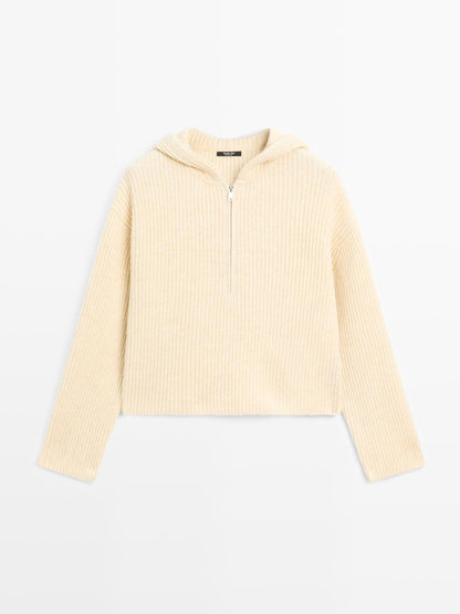 Knit wool blend sweater with hood detail