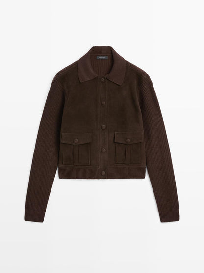 Short knit cardigan with contrast suede leather