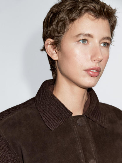 Short knit cardigan with contrast suede leather