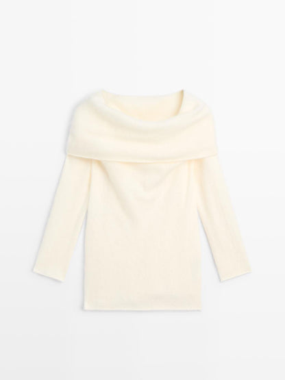 Knit wool and cashmere sweater with exposed shoulders