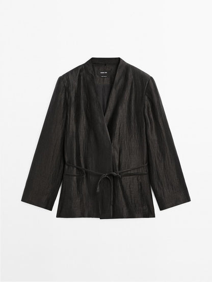 Linen blend kimono with tie detail