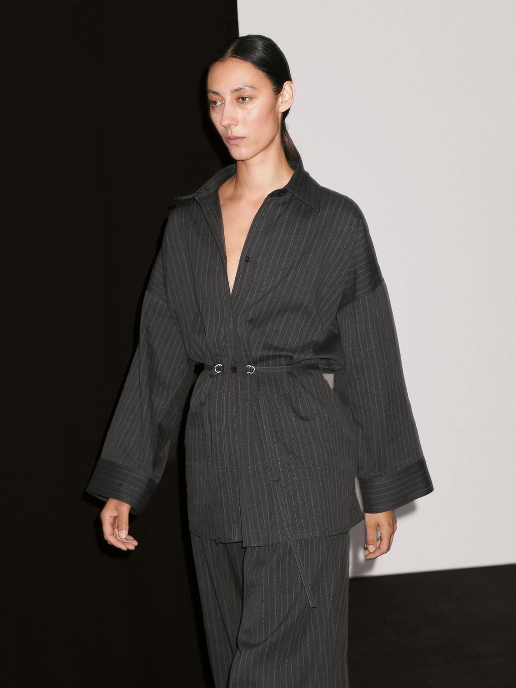 Striped overshirt with buckles