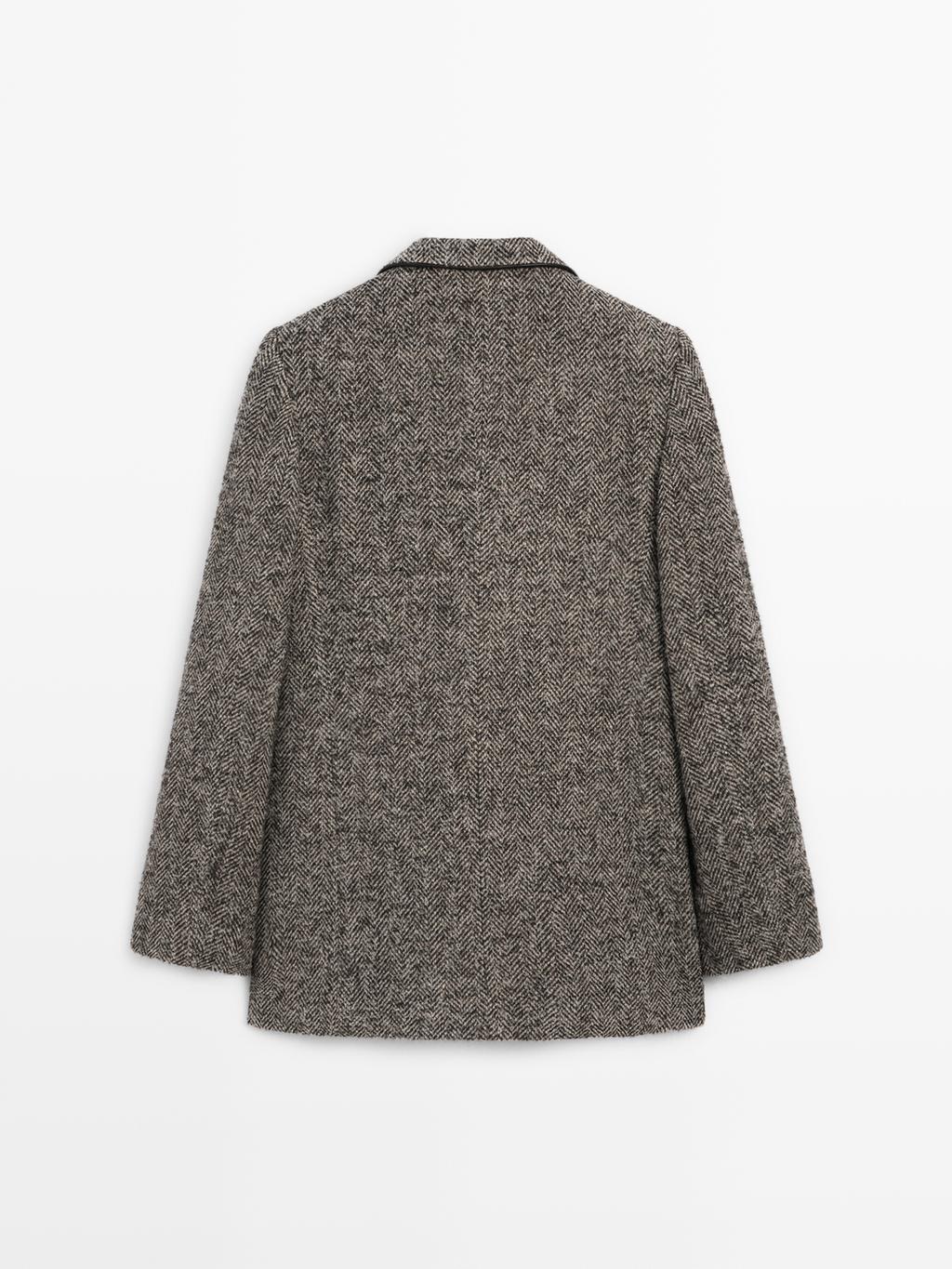 Herringbone wool blend blazer with high collar