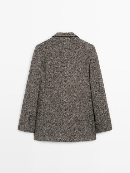 Herringbone wool blend blazer with high collar