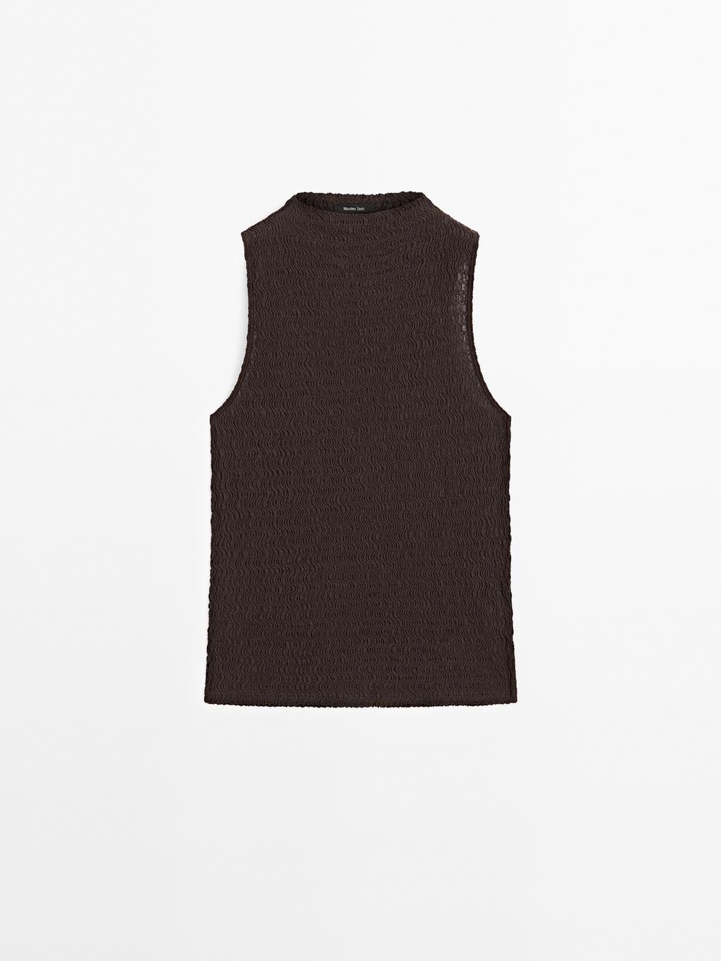 Chocolate linear waffle-knit funnel neck top