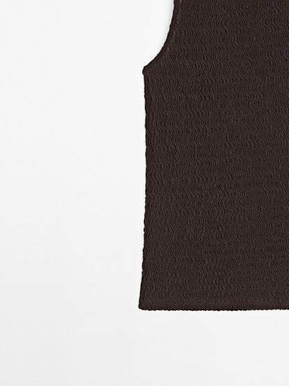Chocolate linear waffle-knit funnel neck top