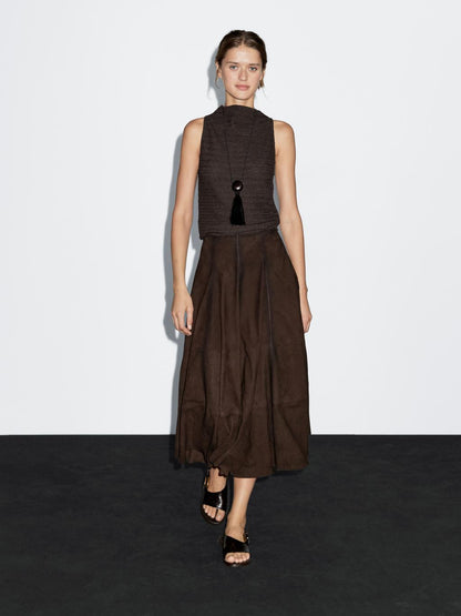 Chocolate linear waffle-knit funnel neck top