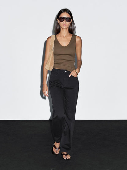 Cotton blend top with frayed piping