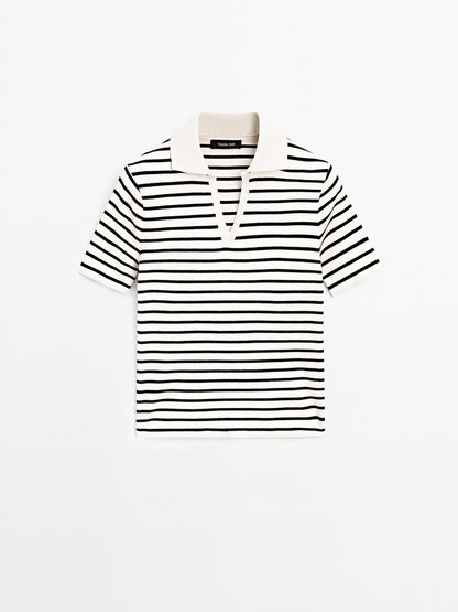 Striped cotton blend polo T-shirt