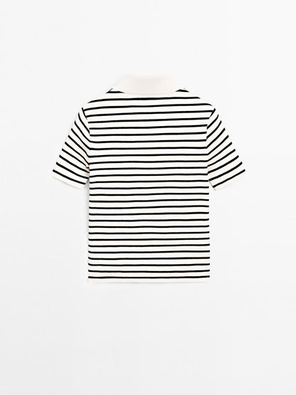 Striped cotton blend polo T-shirt
