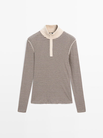 Striped fine knit quarter-zip sweater