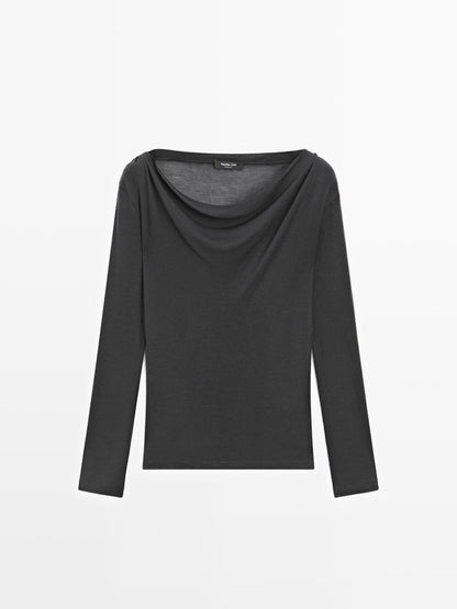 Long sleeve T-shirt with draped neckline