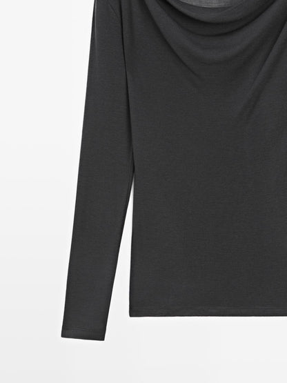 Long sleeve T-shirt with draped neckline