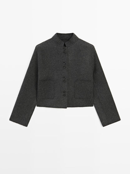 Short double-breasted wool blend jacket