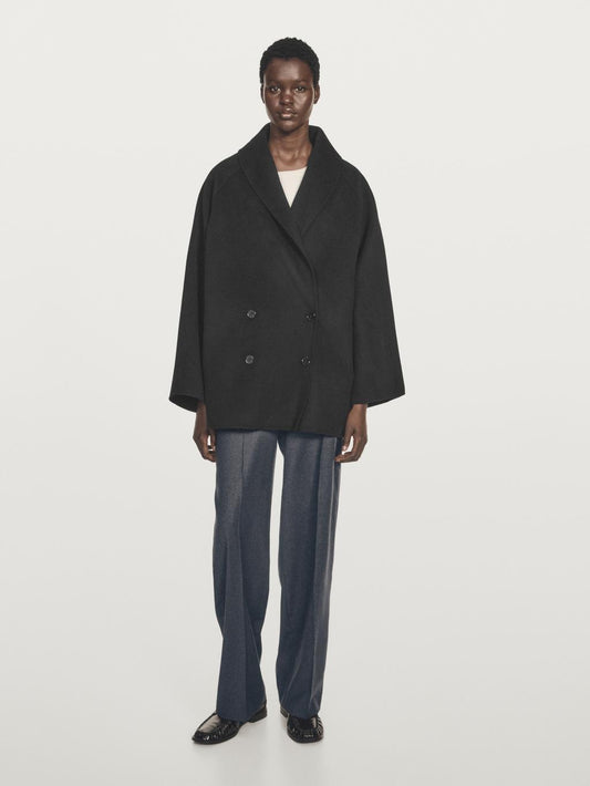 Wool blend mid-length coat with lapel collar