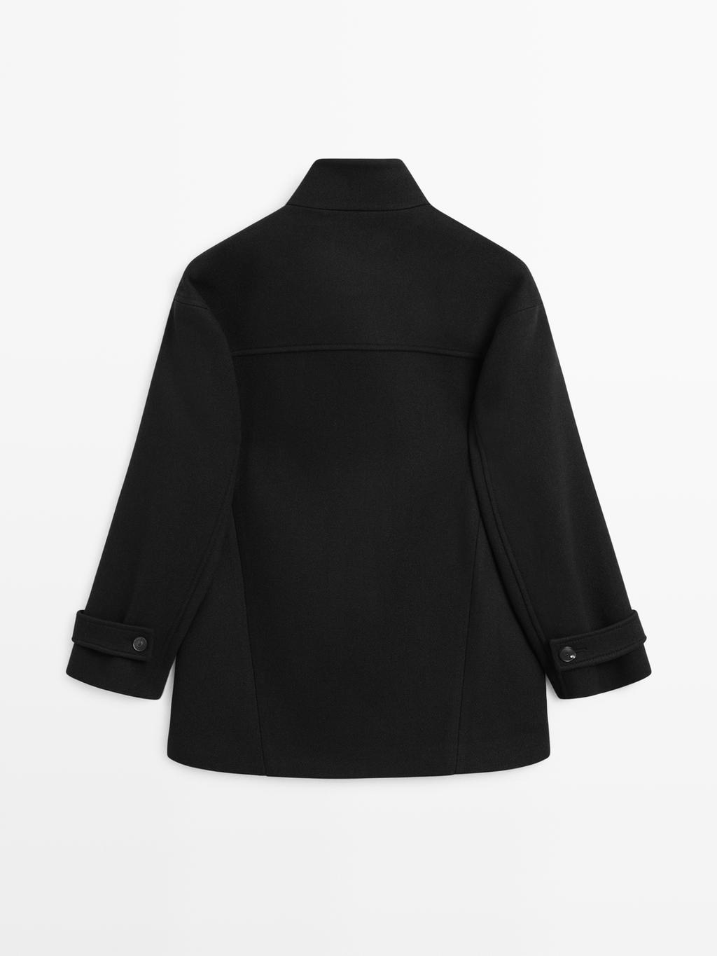 Wool blend high neck coat with button fastening