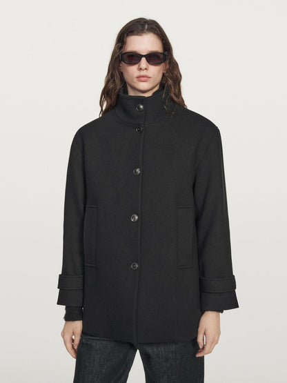 Wool blend high neck coat with button fastening