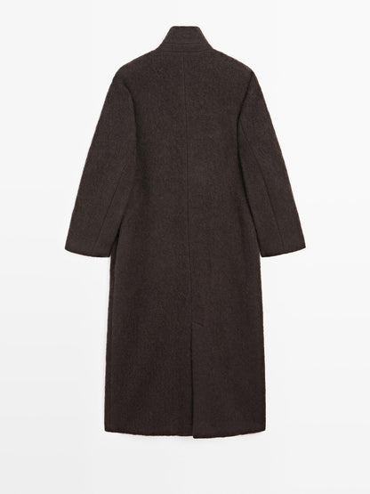 Long double-breasted coat with brushed finish