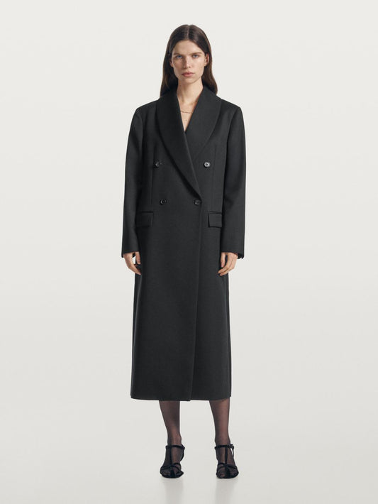 Long double-breasted 100% wool coat