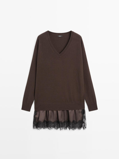 Long knit sweater with contrast lace