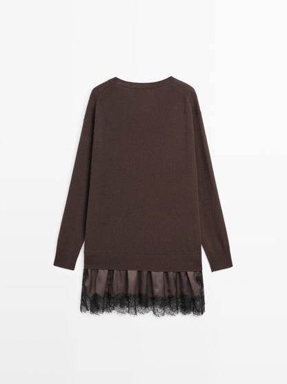 Long knit sweater with contrast lace