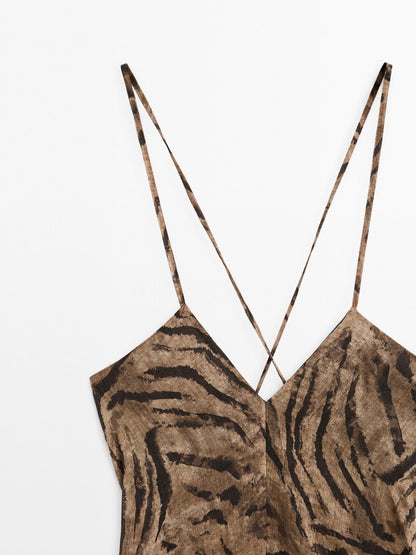 Long ramie blend animal print dress