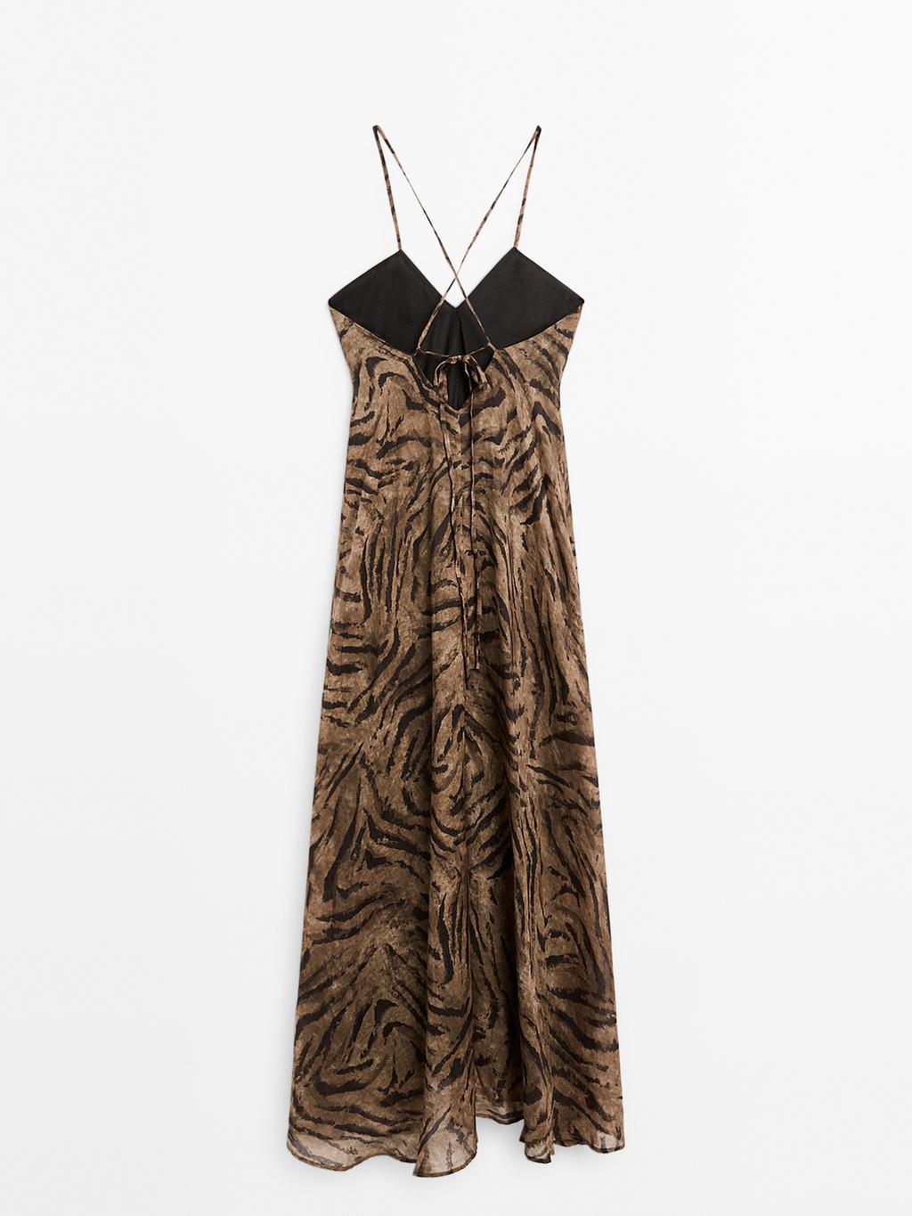 Long ramie blend animal print dress