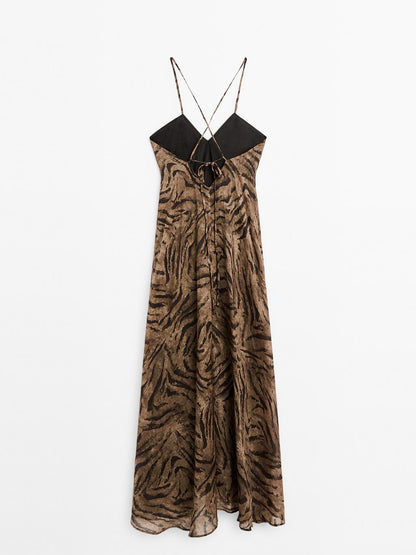 Long ramie blend animal print dress