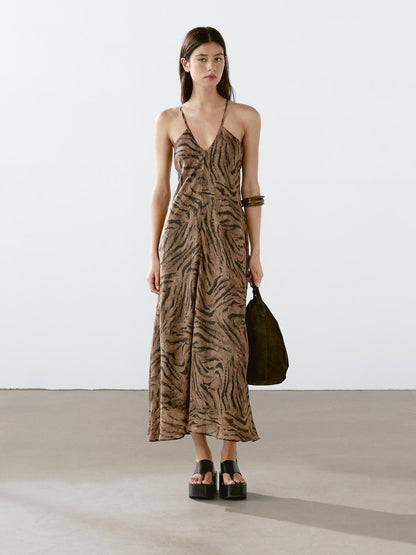 Long ramie blend animal print dress