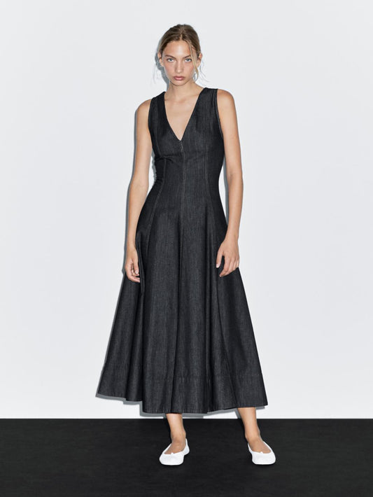 Denim midi dress with seam details