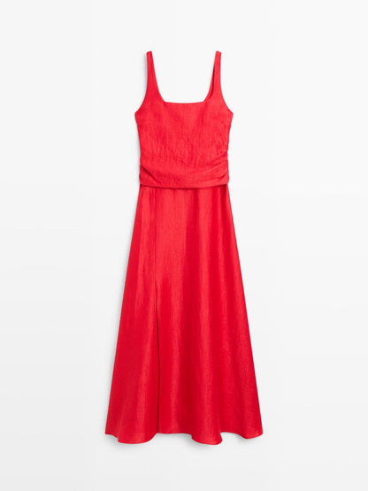 Linen blend double-layer midi dress