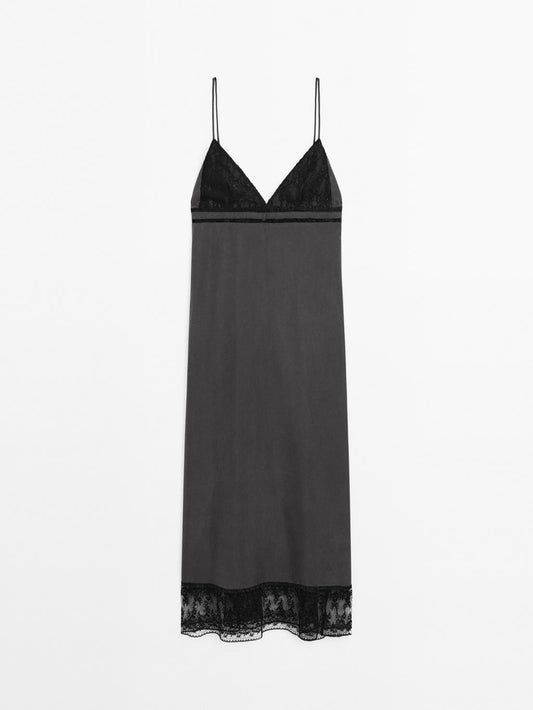 100% silk midi dress with lace detail