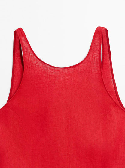 100% linen round neck midi dress