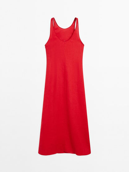 100% linen round neck midi dress