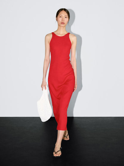 100% linen round neck midi dress