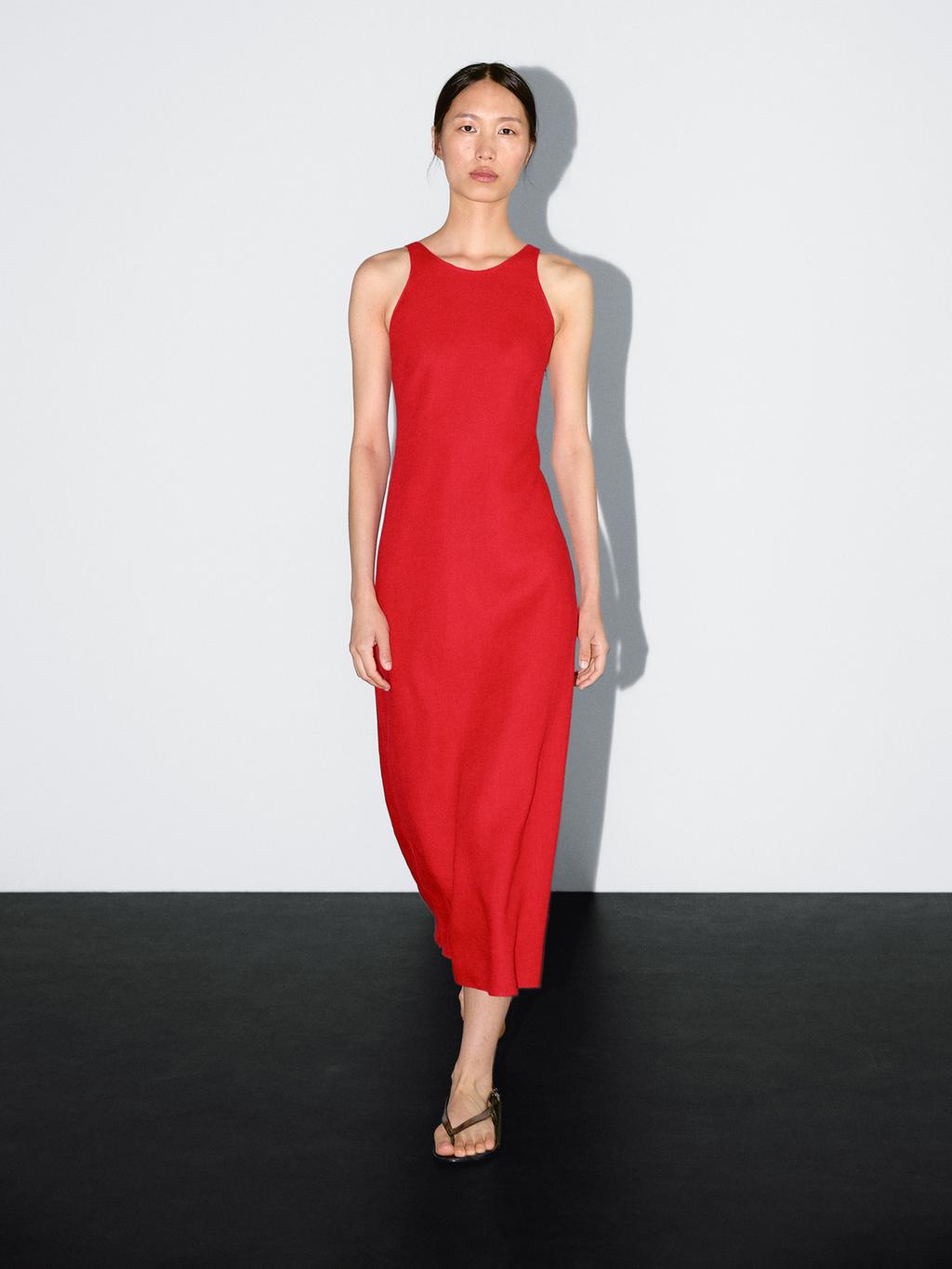 100% linen round neck midi dress