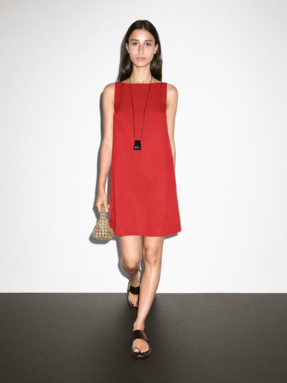 Short linen blend dress with low-cut back